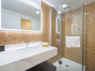 The Village Inn bathroom sink and mirror